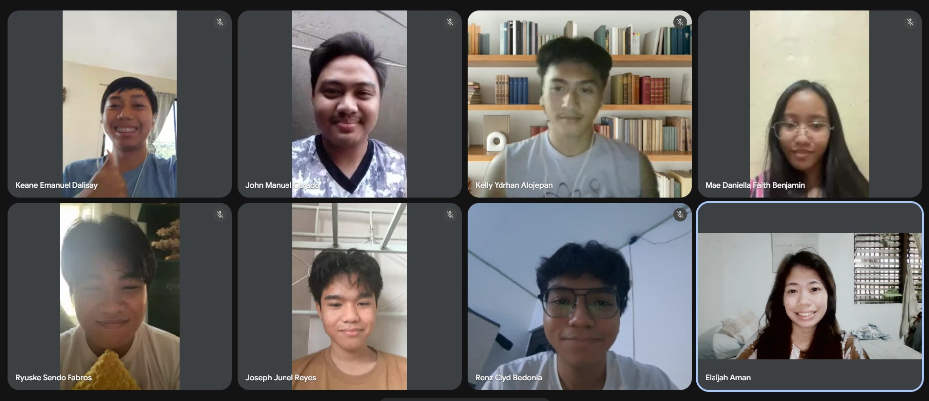 A screenshot of the team on our last sprint, starting from the top left: Keane, Manuel, Kelly, Mae, Elaijah, Renz, Joseph Junel, and Ryuske. Mark wasn't able to join the call.